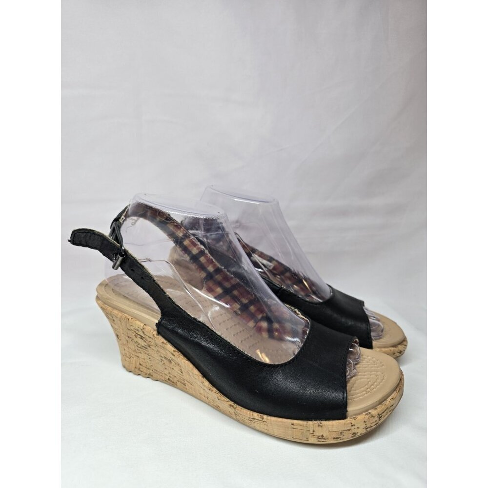 Crocs A Leigh Black Leather Cork Wedge Heel Slingback Sandal Shoes Women’s Sz 8